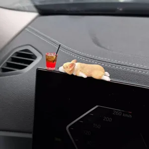 Mini sleeping corgi car ornament detail showing cute puppy figurine for dashboard decor