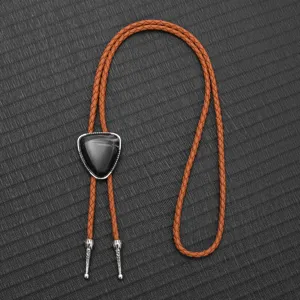 Detailed view of a vintage PU braided Bolo tie with black stone pendant.