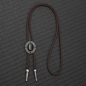 Vintage Bolo-Krawatte mit ovalem schwarzen Edelstein und braun geflochtener Kordel.