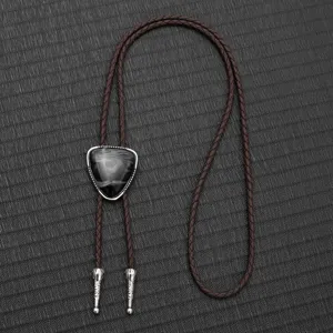 Retro brown braided PU leather bolo tie featuring a silver-toned marbled pendant