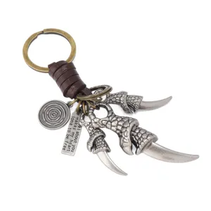 Vintage alloy eagle claw keychain with braided leather cord and engraved metal tag