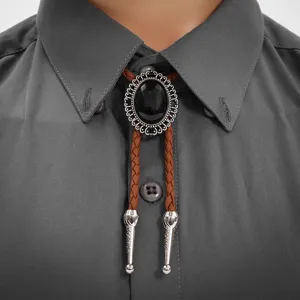 Vintage Western Cowboy Bolo Tie Ovaler Schwarzer Kunststein Eingelegter Legierung Anhänger Geflochtene PU Lederkordel Krawatte