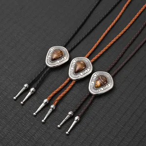 Vintage Bolo-Krawatten aus Leder für Herren mit silberfarbenem Schieber und Tigerauge-Detail