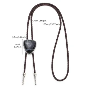 Vintage PU braided bolo tie with marble pattern pendant for western cowboy style