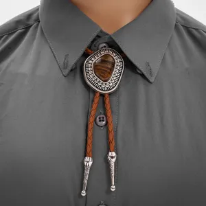 Vintage Western Cowboy Bolo-Krawatte Retro Legierung Tigerauge Geflochtene Lederschnur Herren Hemdzubehör Schmuck