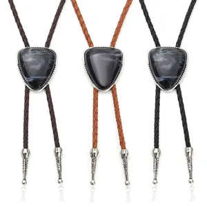 Vintage PU braided bolo ties for men Western cowboy neckwear featuring metal pendants
