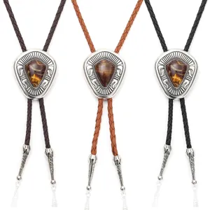 Retro Leder geflochtene Bolo Krawatten für Männer mit Western Cowboy Metallanhänger