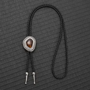 Vintage Western-Bolo-Krawatte mit Tigerauge-Stein und geflochtener schwarzer Lederkordel