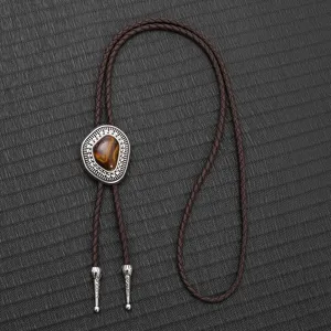 Vintage Western-Cowboy-Bolotie mit braunem geflochtenem Lederseil und Tigerauge-Inlay