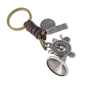 Retro leather keychain featuring metal trumpet and clock charms for car keys gift