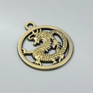 Detailed macro view of a vintage bronze dragon pendant with intricate scale texture.