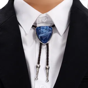 Western Vintage Herren Bolo-Krawatte Blaumarmorstein Anhänger Geflochtene PU-Lederkordel Retro Cowboy Hemd Kette Zubehör