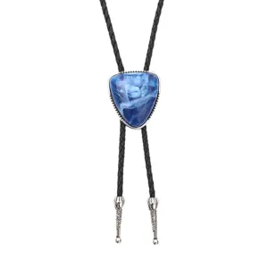 Vintage Western Bolo-Krawatte mit blauem Musterstein und schwarzer Flechtschnur für Herren
