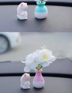 Mini car dashboard ornament cute rabbit figurine miniature flower vase resin craft interior decor