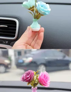 Mini artificial flower vase car dashboard ornament, cute resin vase with simulation roses decor.