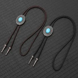 Detail view of retro turquoise bolo ties in brown and black braided leather cords