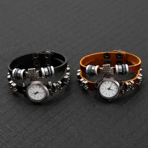Two vintage punk style cowhide leather bracelet watches with distressed metal finish