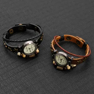 Detailed view of two vintage multilayer cowhide bracelet watches in black and brown