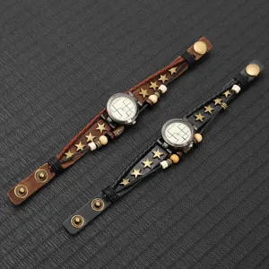 Two vintage multi-layer leather bracelet watches with bronze stars and beads detail