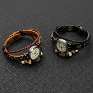 Macro shot of vintage multi-layer leather bracelet watches with star charms and beads