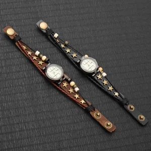 Vintage multi-layer cowhide bracelet watch with star charms and braided leather strap