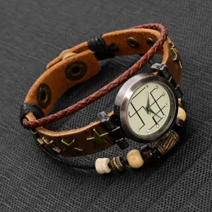 Vintage multilayer brown leather bracelet watch with star studs and maze pattern dial