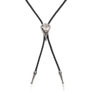 Vintage bird skull bolo tie with black braided rope and antique silver pendant