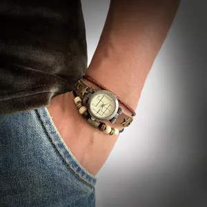 Vintage multilayer cowhide bracelet watch with star beads and rustic charm design