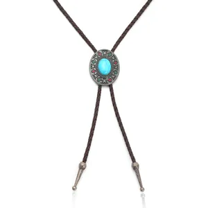 Vintage Western style bolo tie with turquoise stone pendant and brown braided leather cord