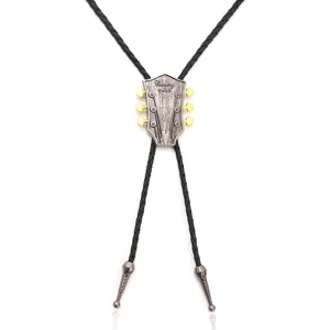 Vintage Gitarrenkopf-Bolo-Krawatte mit Country-Musik-Text für Western-Cowboy-Stil.