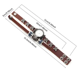 Vintage punk brown leather bracelet watch for men with metal cross charms and dimensions