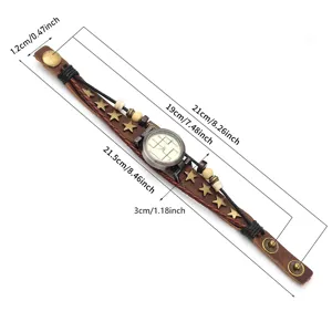 Vintage multi-layered leather bracelet watch with star charms and measurements