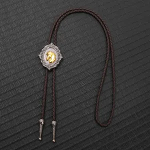 Vintage Bolo-Krawatte mit Pferdekopf, brauner Lederkordel und Silberschnalle