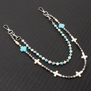 Double-layered beaded pants chain with turquoise and cross pendants in punk style