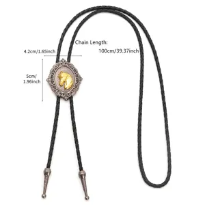Retro-Pferdekopf-Bolo-Tie mit schwarzer geflochtener Lederschnur und Gravur-Silberanhänger