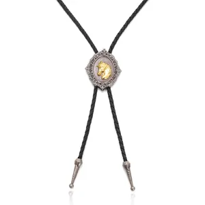 Retro-Western-Bolo-Tie mit goldenem Pferdekopf-Emblem an einer schwarzen Flechtkordel.