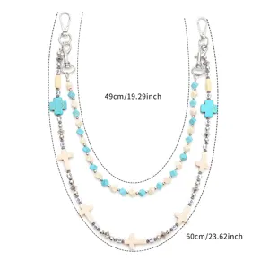 Punk style double layered beaded waist chain with turquoise cross charms for jeans