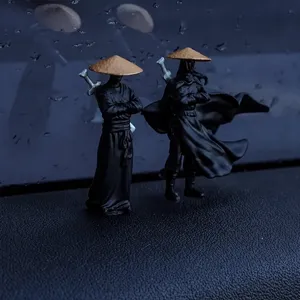 Ancient style swordsman car dashboard ornament set, Chinese martial arts miniature resin decor.