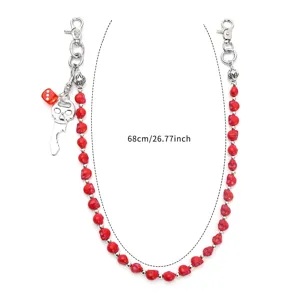 Punk red skull bead waist chain for hip hop trousers with key pendant, length 68cm
