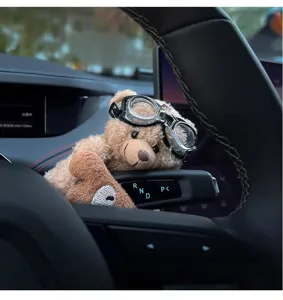 Cute car steering wiper decorative bear plush doll detail view, soft interior plush toy.