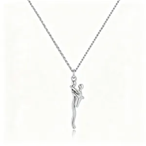 Macro view of silver hugging figures pendant on a stylish rope twist necklace chain