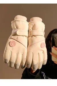 Close-up detail of winter warm thickened cycling gloves with fleece cuffs and touch screen fingertips.