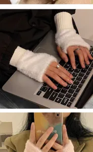 Warm winter knitted fingerless gloves for women, cozy plush wrist warmers for typing and office.