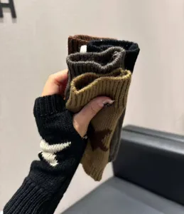 Korean style autumn winter knitted fingerless warm wool gloves with pentagram star pattern.