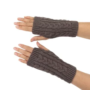 Guanti senza dita in maglia a trecce marroni per l'inverno, scaldamani eleganti.
