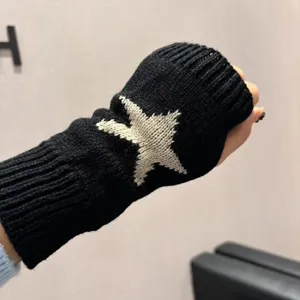 Women Winter Knit Fingerless Gloves Warm Wool Pentagram Star Design Fashion Casual Mittens Cold Weather Hand Warmer