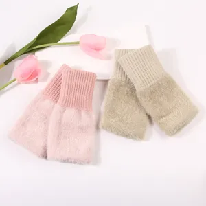 Winter warm knit fuzzy fingerless gloves for women, soft wrist warmer half finger gloves.