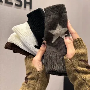 Autumn winter knitted fingerless warm woolen star gloves arm warmers multi color set main display