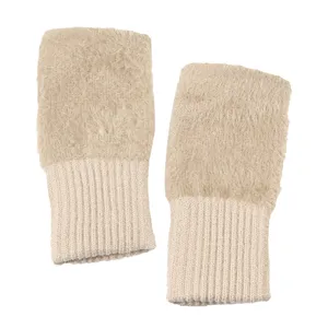 Beige knitted fingerless gloves for women, winter plush warm wrist warmers, soft and cozy.