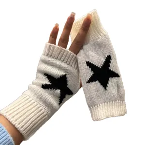 Korean style autumn winter knit fingerless gloves with star pattern warm main view